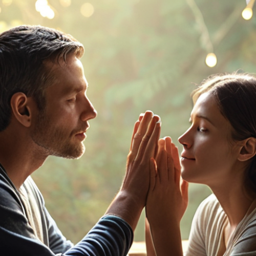 Home 11 **
Prompt: Two people engaged in mindful listening, one person actively hearing the other with compassion and understanding, in a serene, softly lit environment.
**