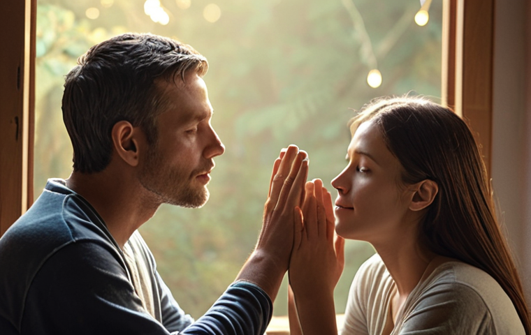 **
Prompt: Two people engaged in mindful listening, one person actively hearing the other with compassion and understanding, in a serene, softly lit environment.
**