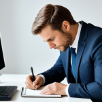 A professional male individual, fully clothed in a modest business suit, sitting at a modern desk in a well-lit, minimalist office. He is leaning slightly forward, with a thoughtful and empathetic expression, one hand gently resting on a notepad as if actively listening and processing information. The focus is on his compassionate facial features and open posture. safe for work, appropriate content, fully clothed, professional, perfect anatomy, correct proportions, natural pose, well-formed hands, proper finger count, natural body proportions, professional photography, high quality, soft ambient lighting.