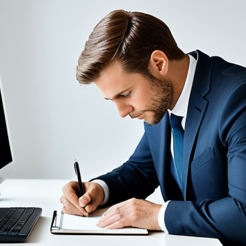 Home 6 A professional male individual, fully clothed in a modest business suit, sitting at a modern desk in a well-lit, minimalist office. He is leaning slightly forward, with a thoughtful and empathetic expression, one hand gently resting on a notepad as if actively listening and processing information. The focus is on his compassionate facial features and open posture. safe for work, appropriate content, fully clothed, professional, perfect anatomy, correct proportions, natural pose, well-formed hands, proper finger count, natural body proportions, professional photography, high quality, soft ambient lighting.